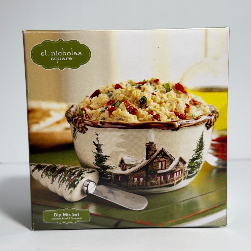 St. Nicholas Square Snow Valley Dip Mix Set Ceramic Bowl and Spreader Christmas